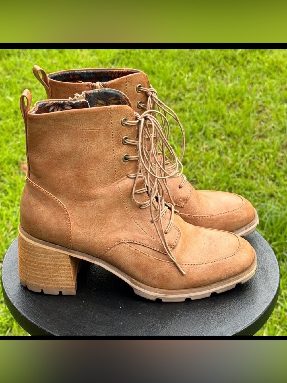 Korks Cambria Women’s 7M Natural Brown Lace Up Side Zip Chunky Heel Boots